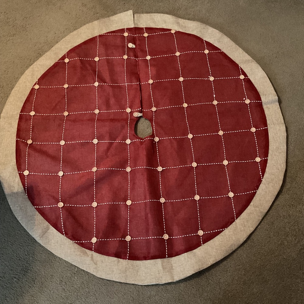 Round Christmas Tree Skirt Burgundy Linen Blend White‎ Stitched Buttons